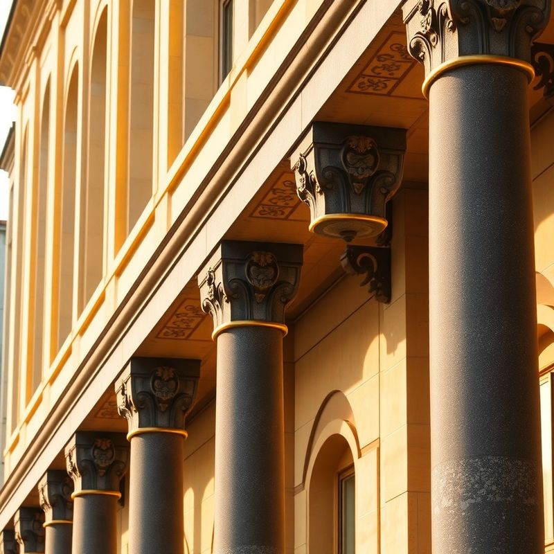 Detaliu arhitectural al unei clădiri civice românești, coloane de piatră cu accente aurii